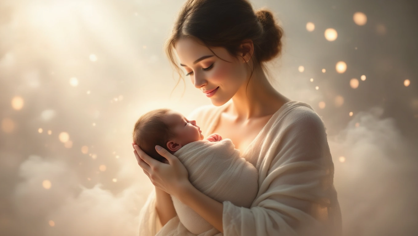 Mit jelent pólyával álmodni? – Részletes álomfejtés és értelmezés Egy fiatal nő boldogan tart a karjában egy bepólyált babát, lágy fények között.