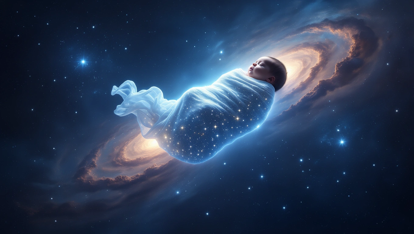 Mit jelent pólyával álmodni? – Részletes álomfejtés és értelmezés Egy bepólyált baba lebeg a csillagok között, az űrben.