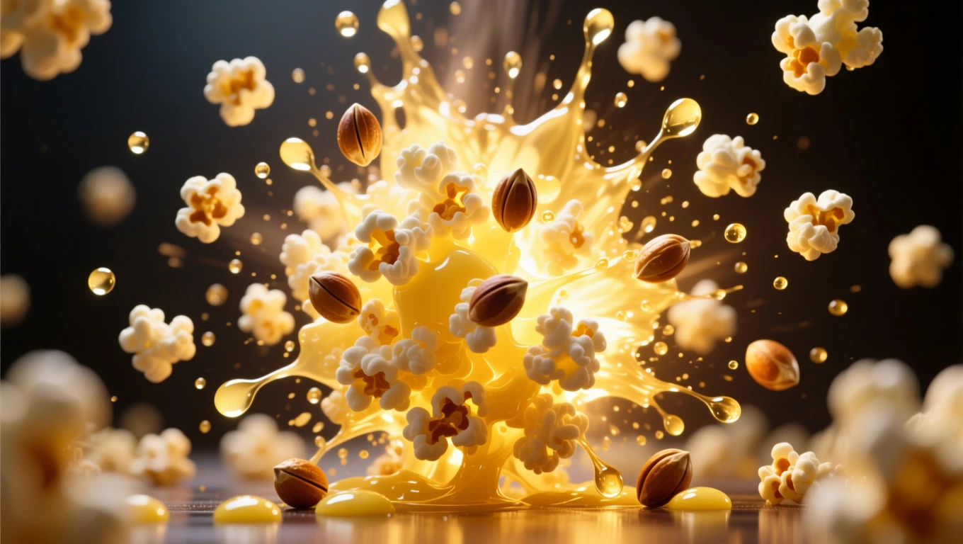 Mit jelent popcornról álmodni? – Részletes álomfejtés és értelmezés Robbanásszerűen szétfröccsenő popcorn és mogyorók, élénk színekben.