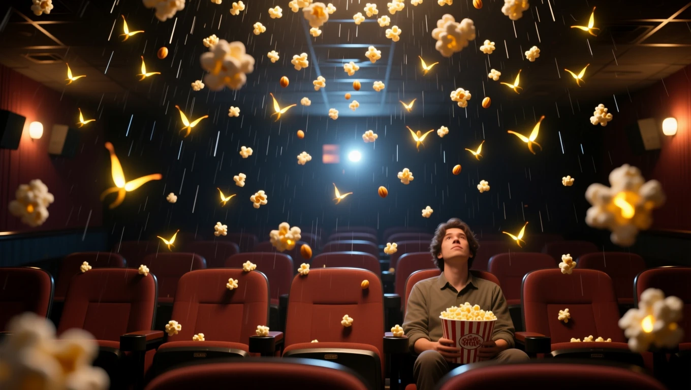 Mit jelent popcornról álmodni? – Részletes álomfejtés és értelmezés Egy mozi teremben ülő fiatal férfi, aki popcornnal néz felfelé, ahol popcorn hullik az égből.
