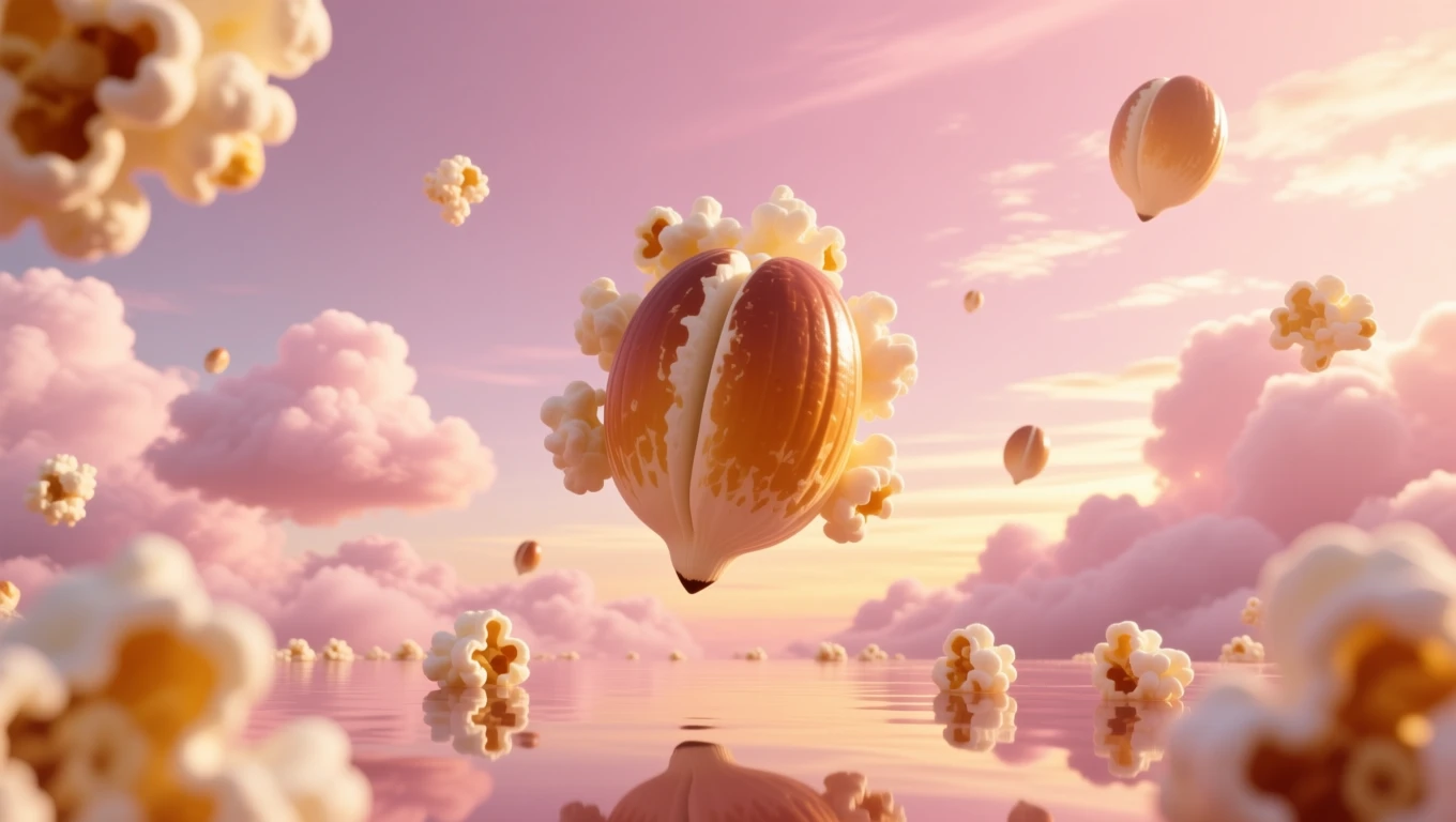 Mit jelent popcornról álmodni? – Részletes álomfejtés és értelmezés Popcorn felhők között lebegő, színes háttérrel rendelkező popcorndarabok.