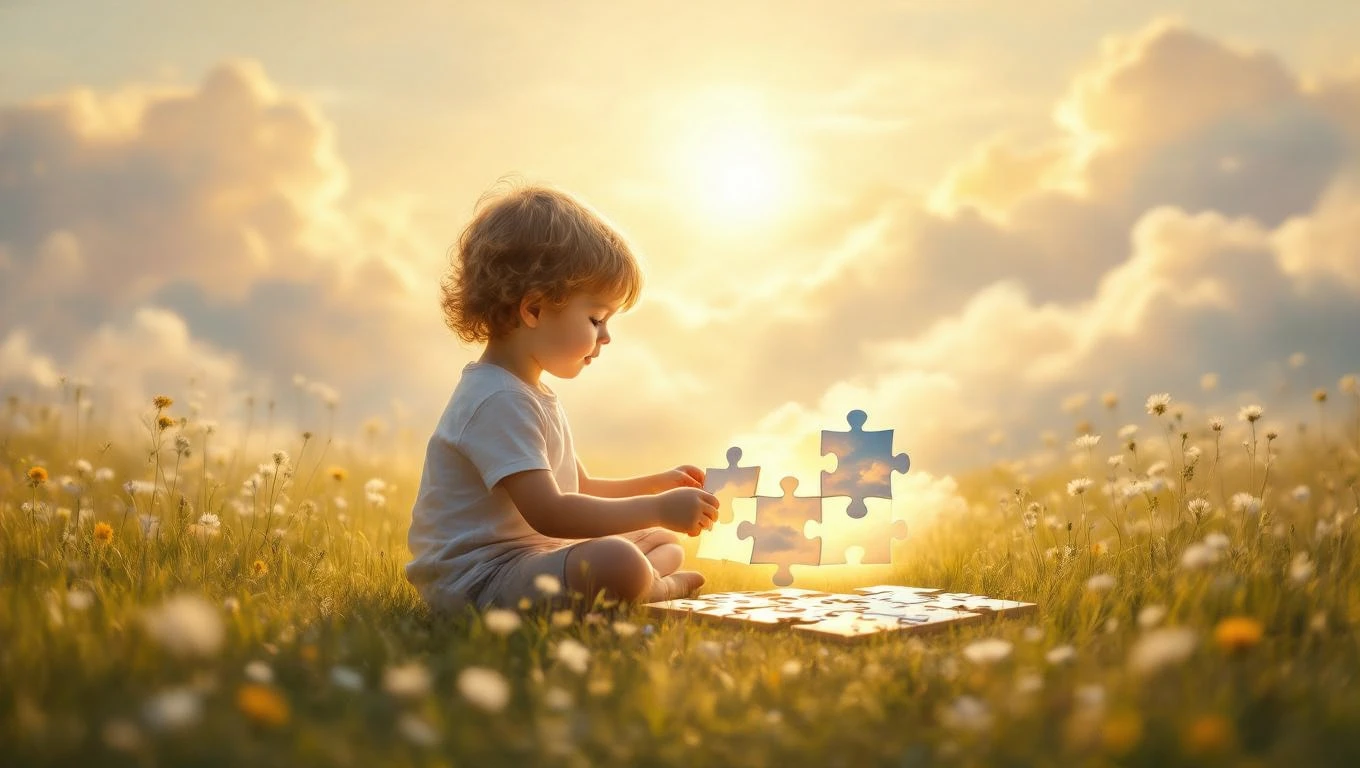 Mit jelent puzzlevel álmodni? – Részletes álomfejtés és értelmezés Egy kisgyermek játszik egy puzzle darabbal a virágos mezőn, napfényben.