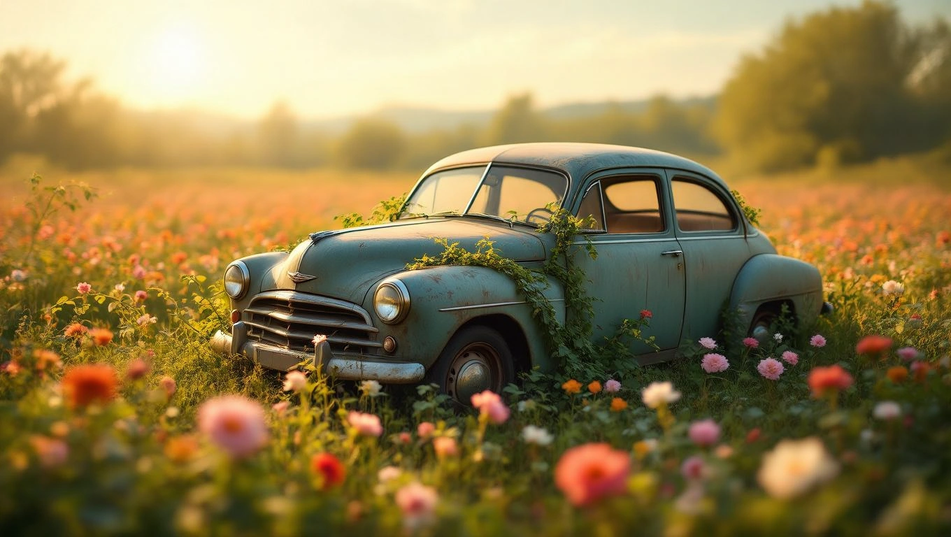Mit jelent kocsival álmodni? – Részletes álomfejtés és értelmezés Egy régi, elhagyatott autó virágos mezőn, növényekkel benőve.