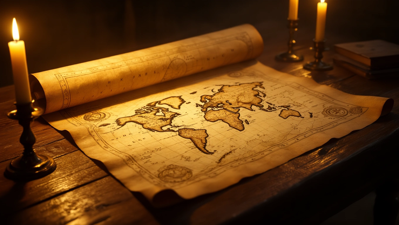 Mit jelent térképpel álmodni? – Részletes álomfejtés és értelmezés Egy régi térkép, gyertyafény mellett, fából készült asztalon.