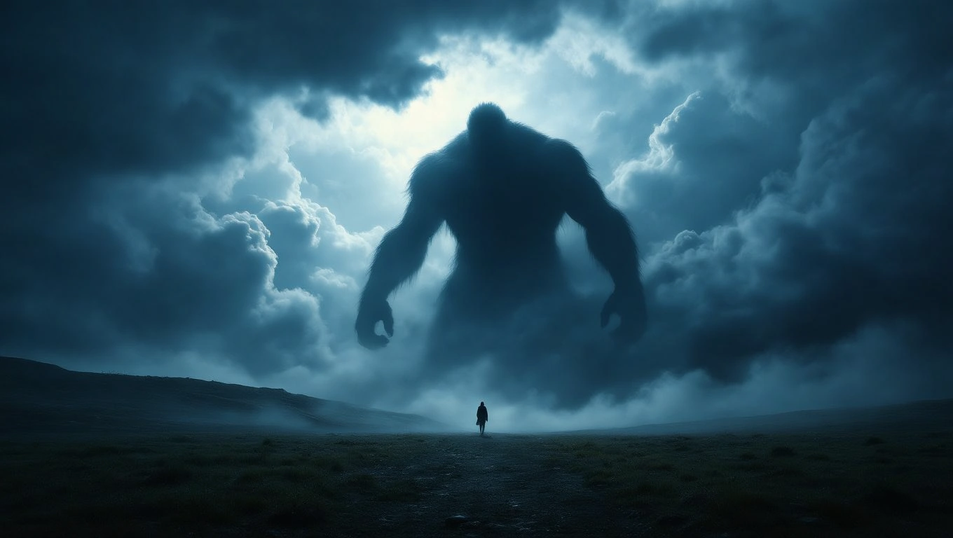 Mit jelent rémmel álmodni? – Részletes álomfejtés és értelmezés Egy hatalmas árnyékos lény áll a felhők között, míg egy ember közelít felé.