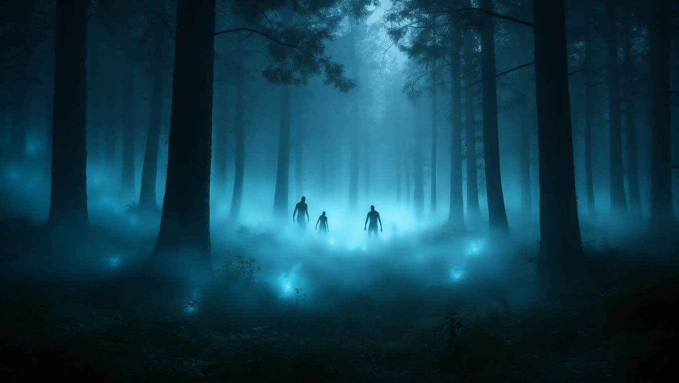 Mit jelent rémmel álmodni? – Részletes álomfejtés és értelmezés Sötét erdőben, ködben álló alakok, rémálmok hangulatát idézve.