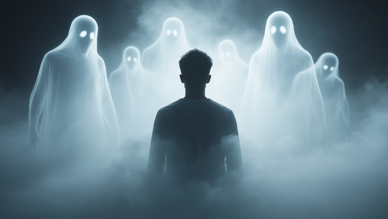 Mit jelent rémmel álmodni? – Részletes álomfejtés és értelmezés Egy férfi áll egy ködös tájban, körülötte szellemszerű lények lebegnek.