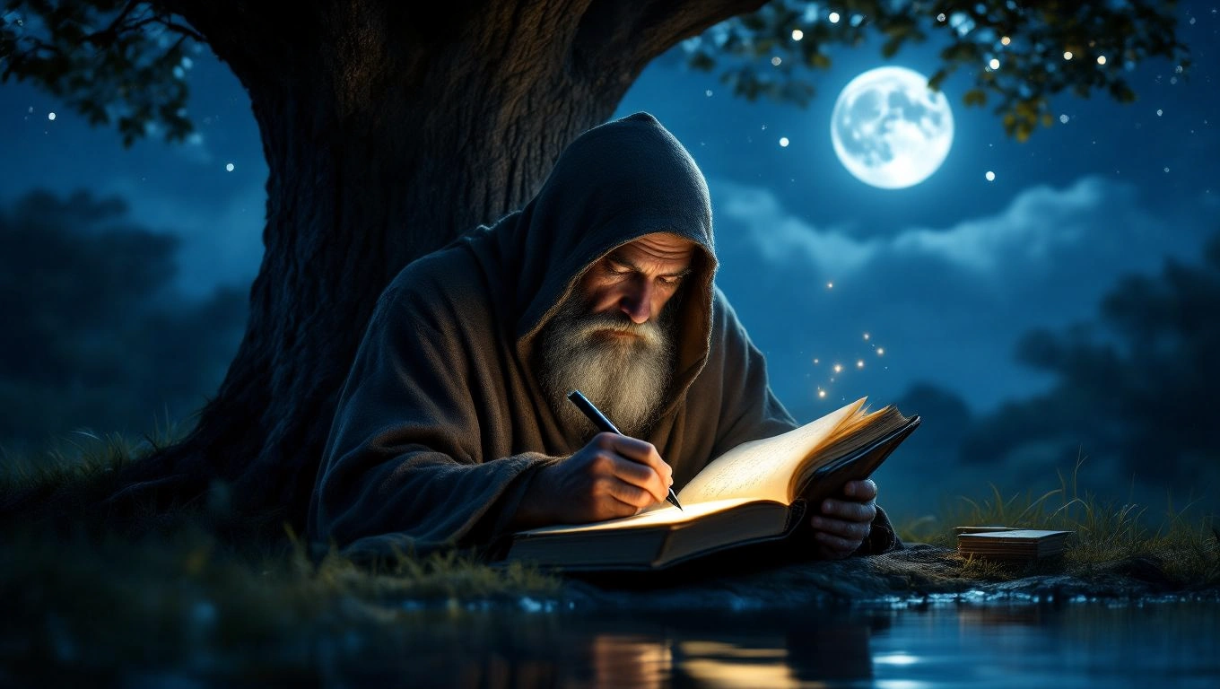 Mit jelent remetével álmodni? – Részletes álomfejtés és értelmezés Egy remetét ábrázoló figura, aki egy könyvet ír a holdfényben, fák alatt.