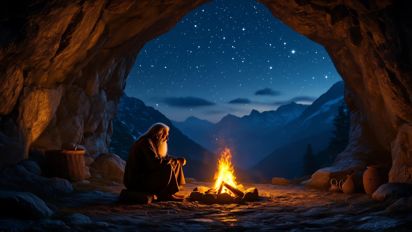Mit jelent remetével álmodni? – Részletes álomfejtés és értelmezés Egy remetét ábrázoló kép, aki tűz mellett ül egy barlangban, csillagos ég alatt.