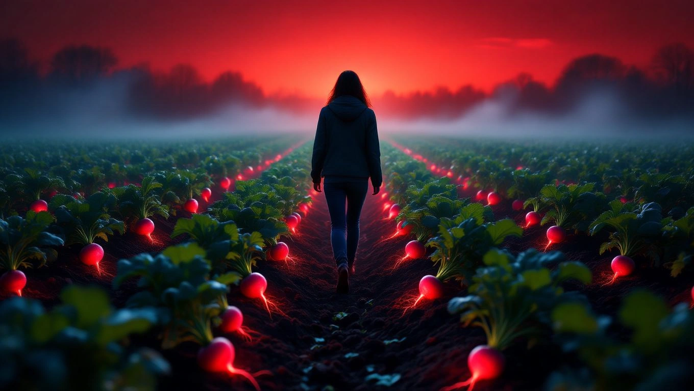 Mit jelent retekkel álmodni? – Részletes álomfejtés és értelmezés Egy nő sétál egy retekültetvényen, háttérben naplementével és köddel.