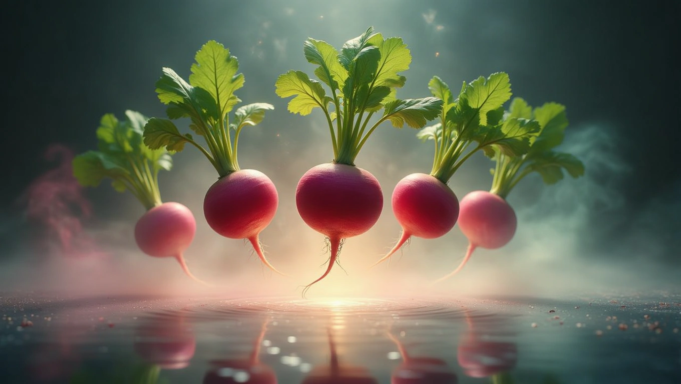 Mit jelent retekkel álmodni? – Részletes álomfejtés és értelmezés Öt friss retek lebeg a víz felett, zöld levelekkel és misztikus háttérrel.