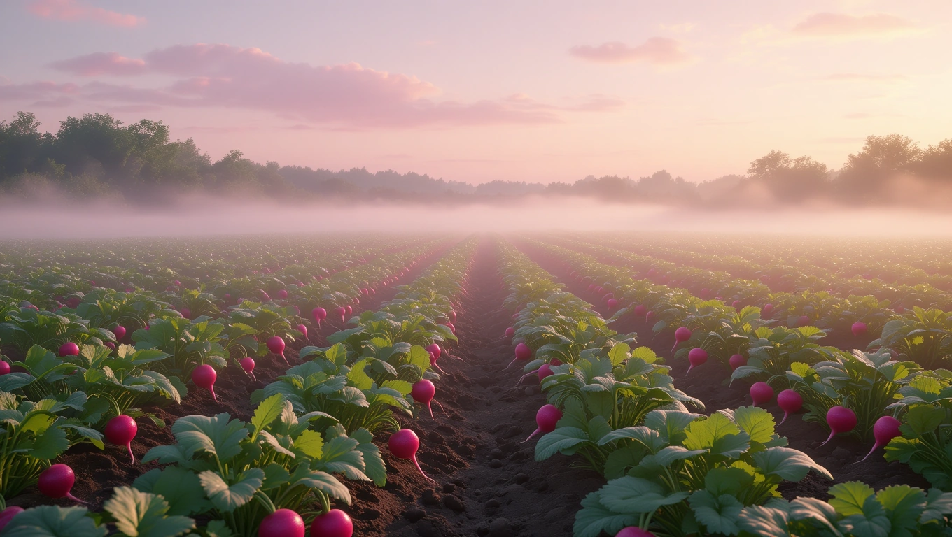 Mit jelent retekkel álmodni? – Részletes álomfejtés és értelmezés Egy gyönyörű retekmező, rózsaszín retekfejekkel a földben, ködös reggeli fényben.