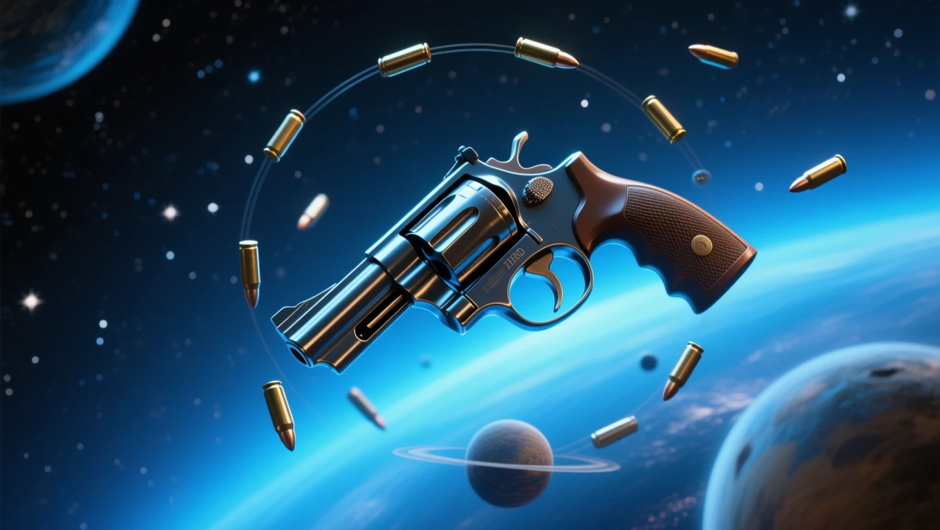 Mit jelent revolverrel álmodni? – Részletes álomfejtés és értelmezés Egy revolver lebeg az űrben, körülötte lőszerek keringenek.