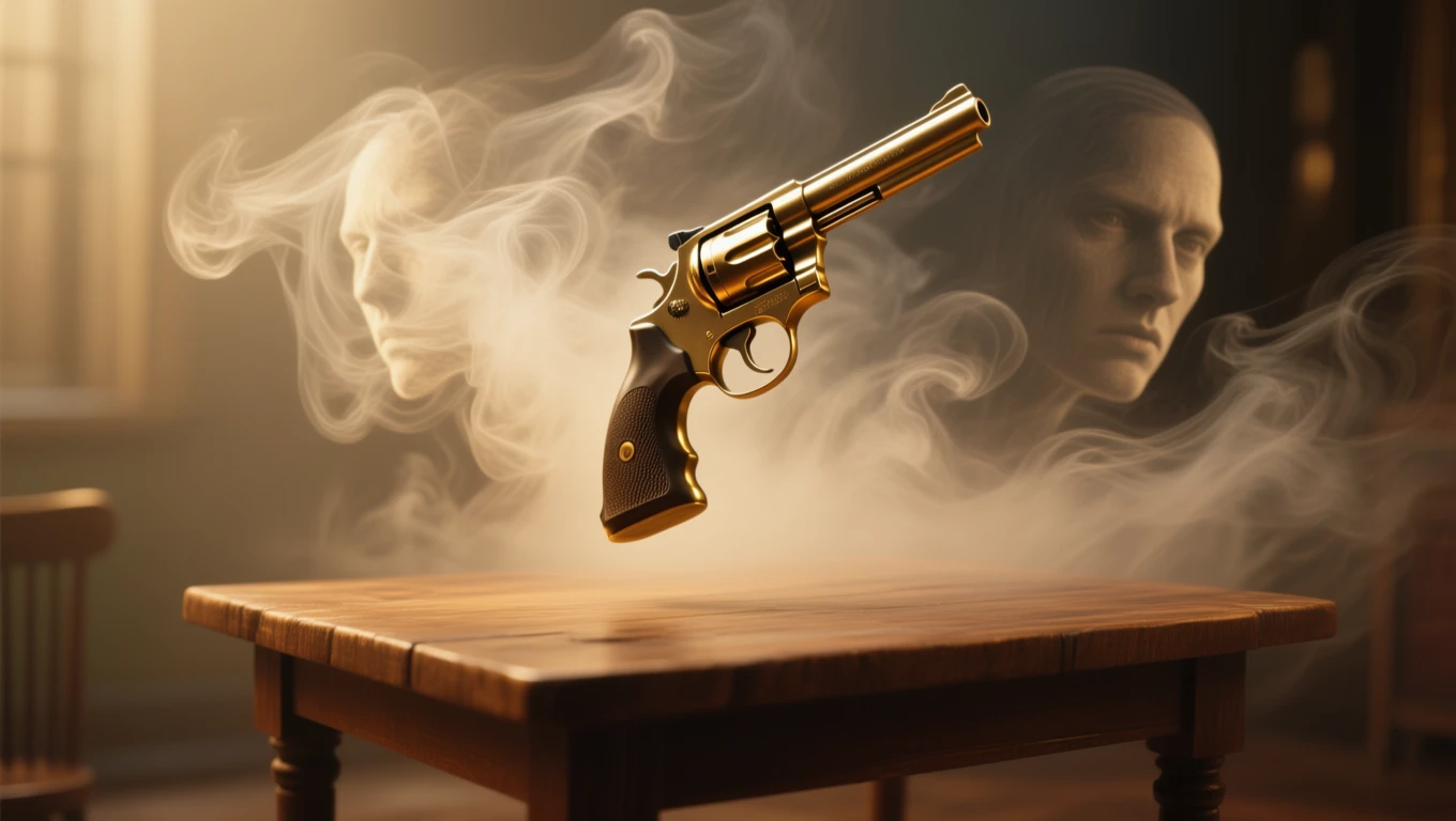 Egy arany revolver lebeg egy füstös asztalon, háttérben emberi arcokkal.