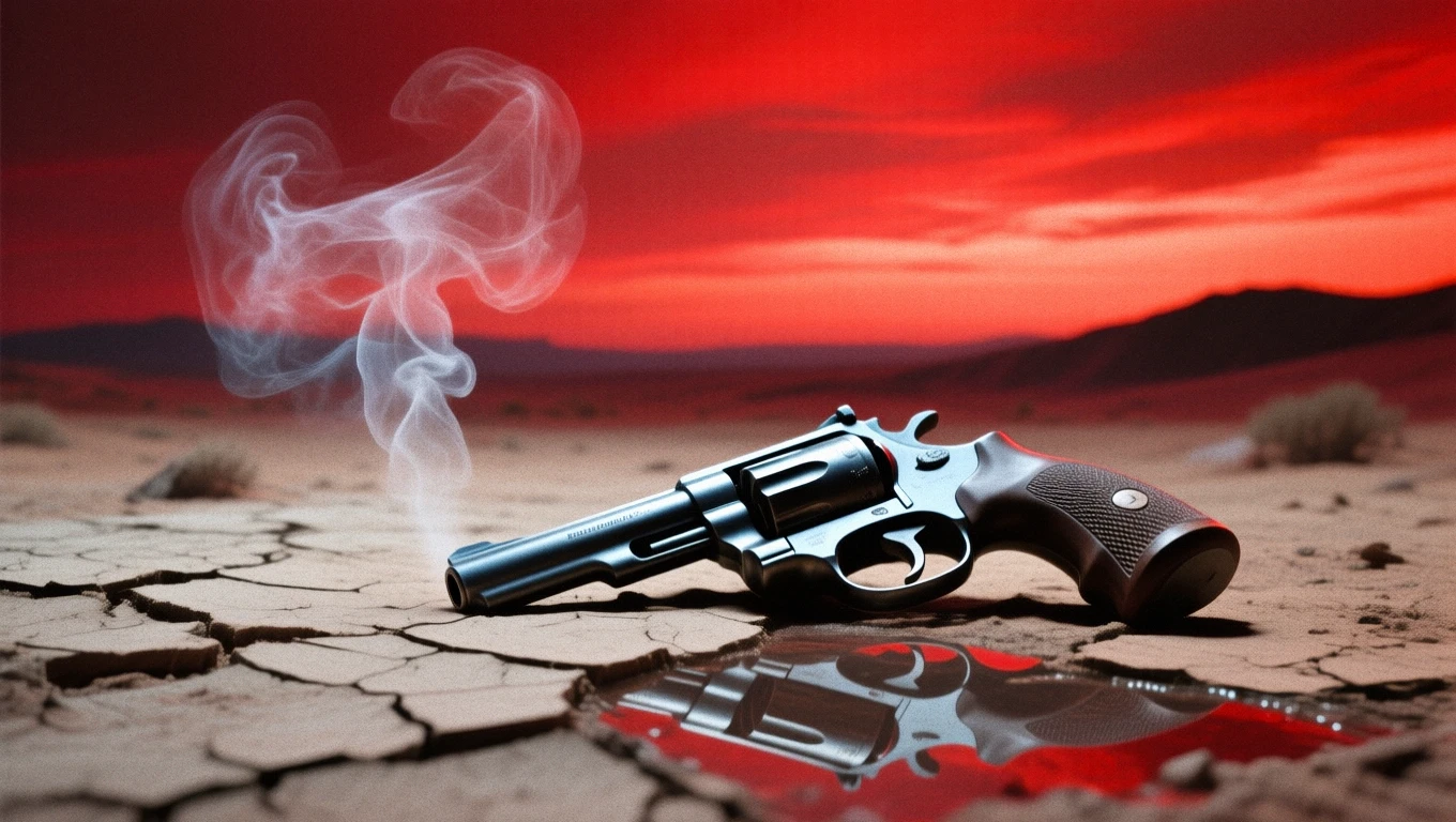 Mit jelent revolverrel álmodni? – Részletes álomfejtés és értelmezés Egy revolver fekszik a száraz földön, füst száll fel mellette, vörös háttérrel.