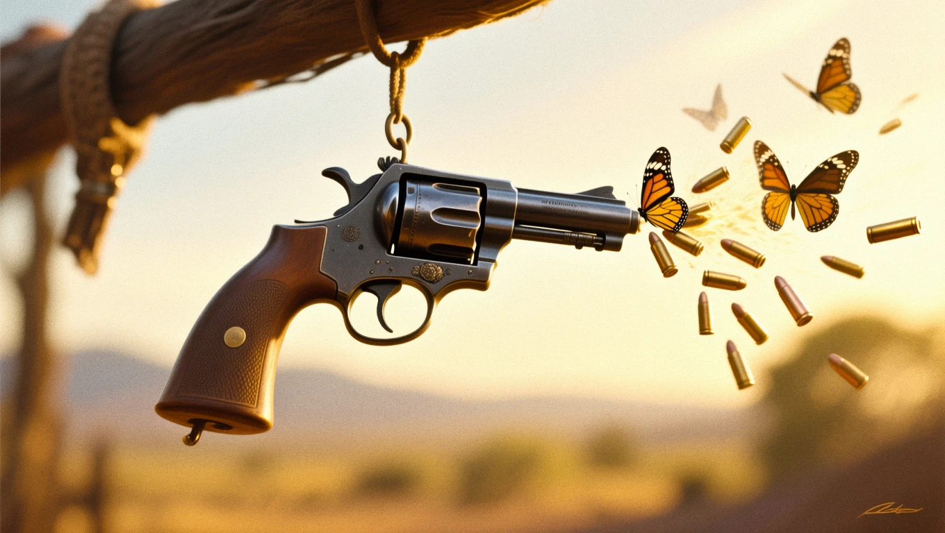 Mit jelent revolverrel álmodni? – Részletes álomfejtés és értelmezés Egy revolver, amelyből pillangók és lőszerek repülnek ki, szimbolikus jelentéssel.