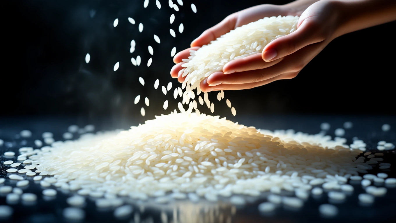 Mit jelent rizzsel álmodni? – Részletes álomfejtés és értelmezés Két kéz rizst szór a levegőbe, körülöttük fehér rizsszemek hevernek.