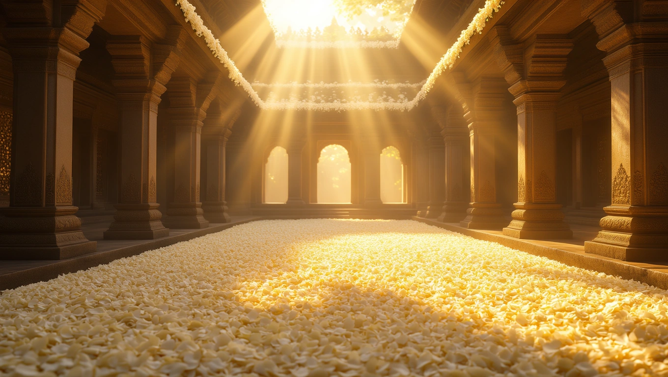 Mit jelent rizzsel álmodni? – Részletes álomfejtés és értelmezés Egy templom belső terében szirmokkal borított padló és fénylő napfény.