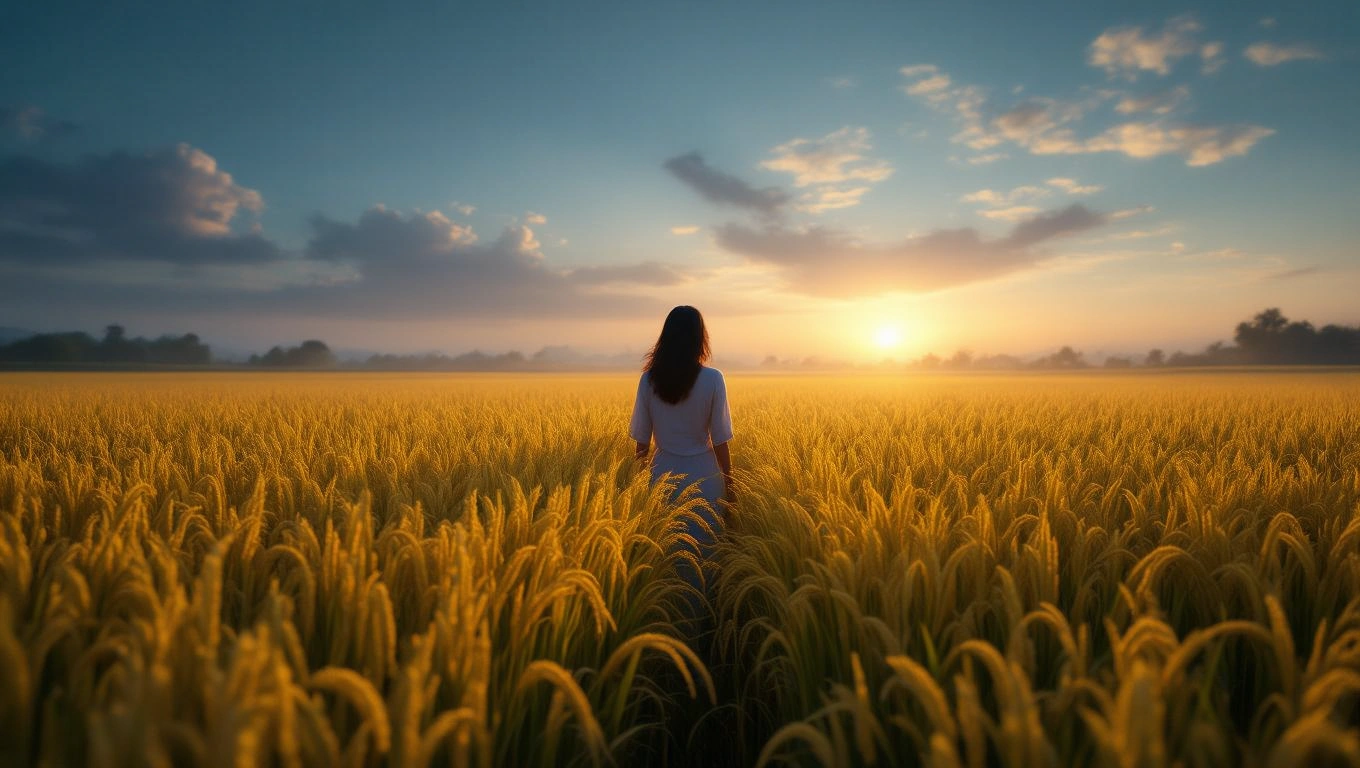 Mit jelent rizzsel álmodni? – Részletes álomfejtés és értelmezés Egy nő áll egy naplementés rizsföldön, körülötte aranyló rizsnövények.