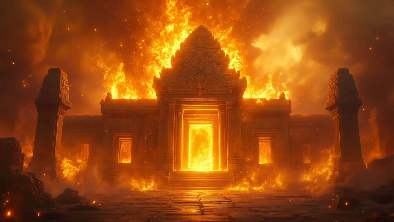 Mit jelent robbanással álmodni? – Részletes álomfejtés és értelmezés Tűz és lángok között álló ősi templom, robbanásos álom szimbóluma.