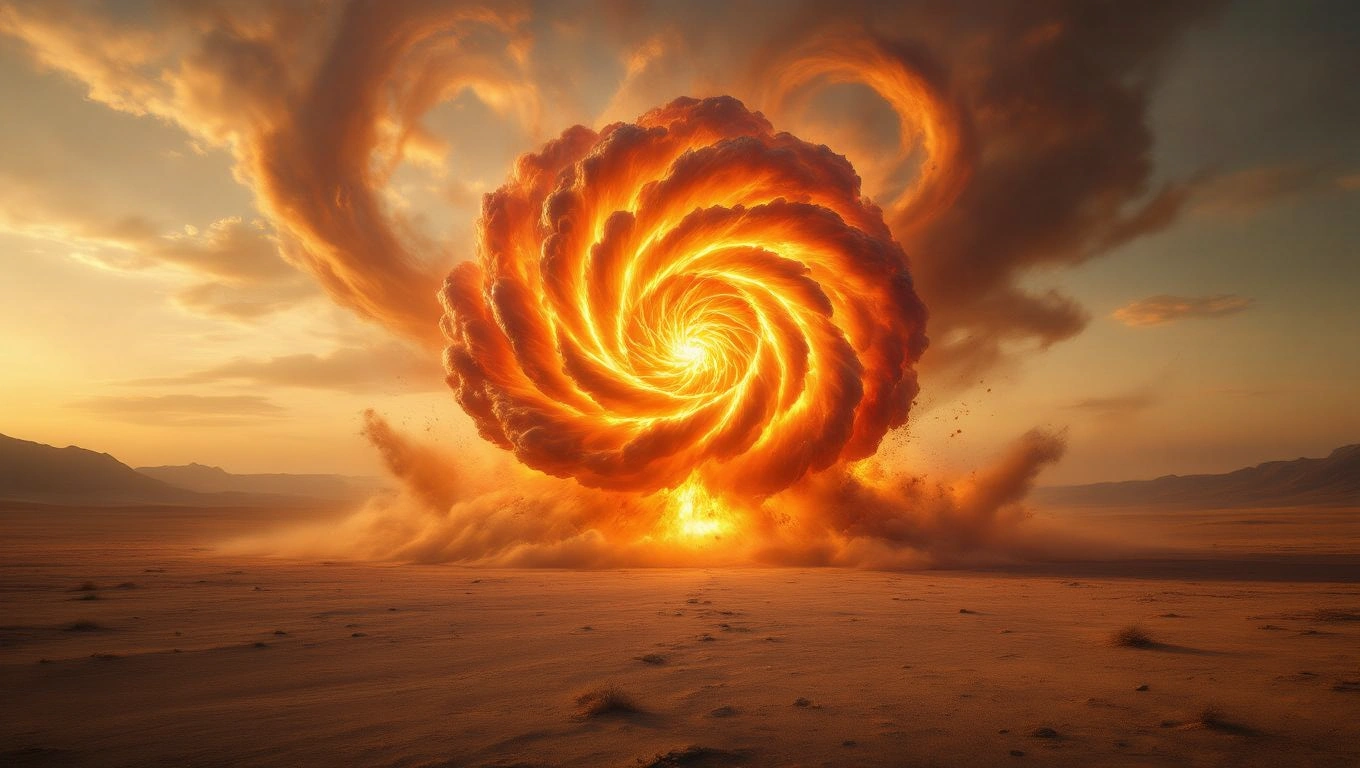 Mit jelent robbanással álmodni? – Részletes álomfejtés és értelmezés Egy hatalmas robbanás spirális formában, narancssárga lángokkal és füsttel.