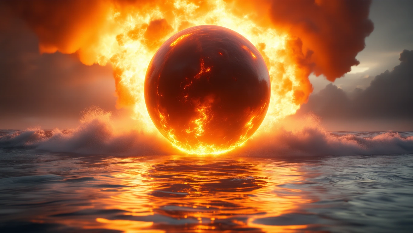 Mit jelent robbanással álmodni? – Részletes álomfejtés és értelmezés Egy hatalmas, lángoló gömb robbanása a víz felett, drámai fényekkel.