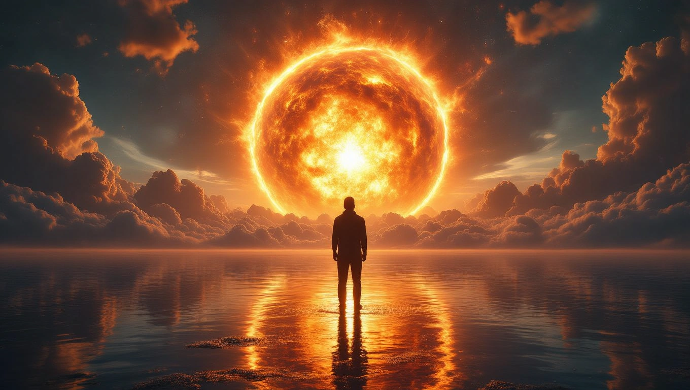 Mit jelent robbanással álmodni? – Részletes álomfejtés és értelmezés Egy ember áll a vízparton, mögötte hatalmas, robbanásszerű napfelkeltével.