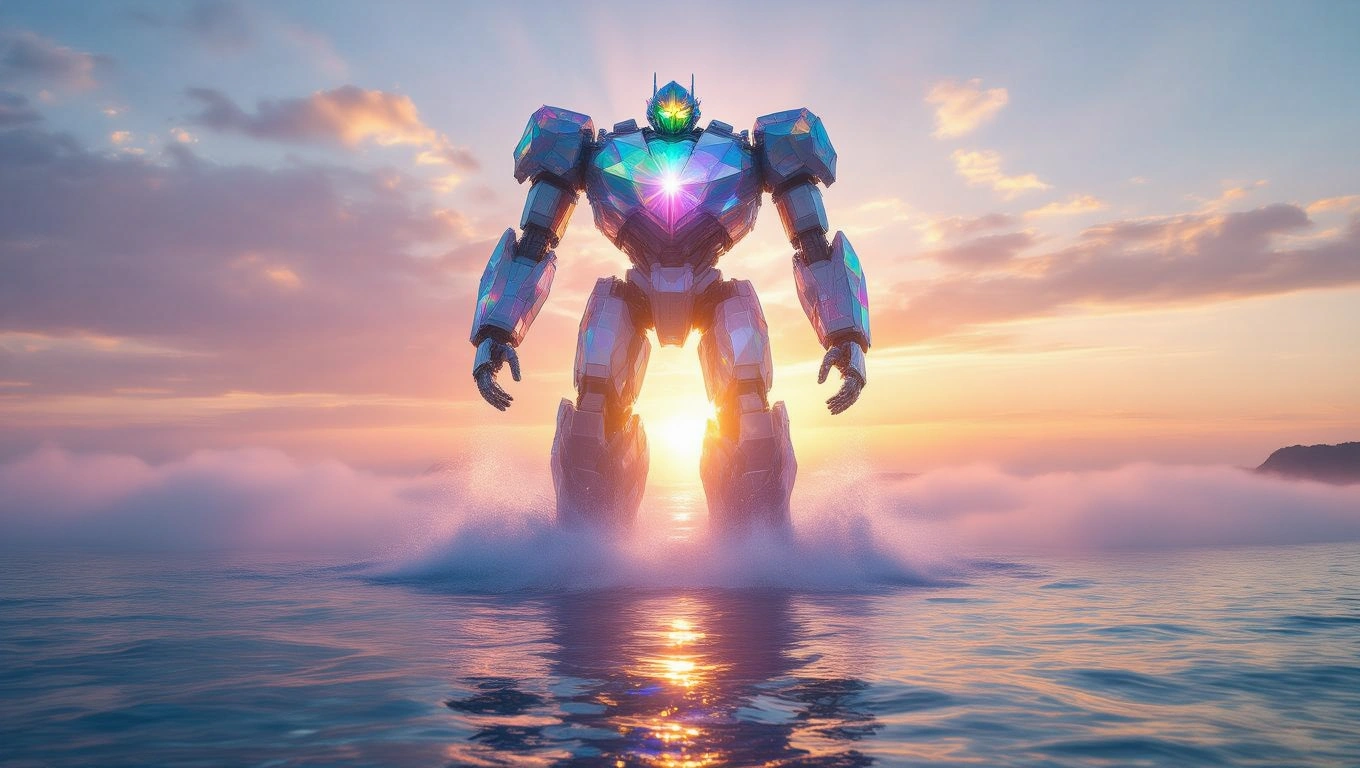 Mit jelent robotokkal álmodni? – Részletes álomfejtés és értelmezés Egy hatalmas, színes robot áll a vízben, háttérben naplementével.