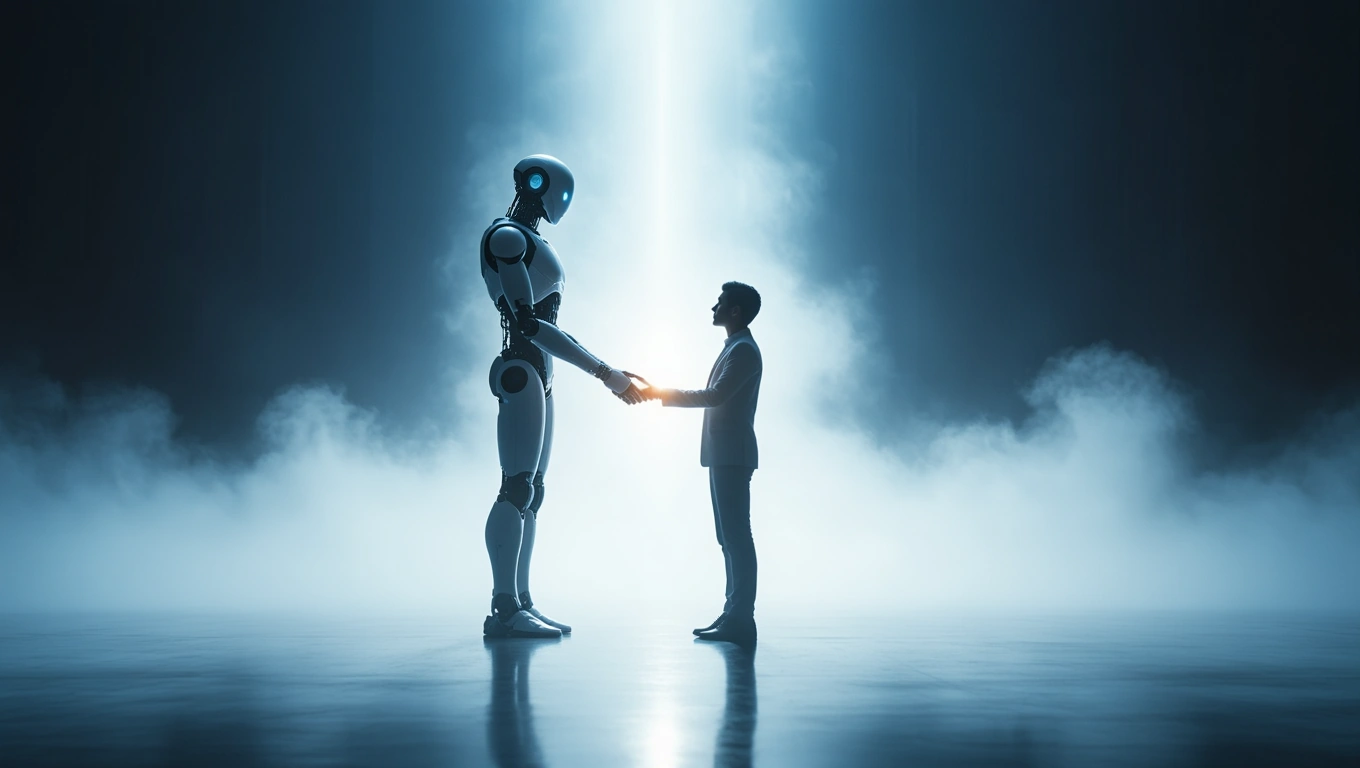 Mit jelent robotokkal álmodni? – Részletes álomfejtés és értelmezés Egy robot és egy férfi kezet fognak, háttérben fény és köd.