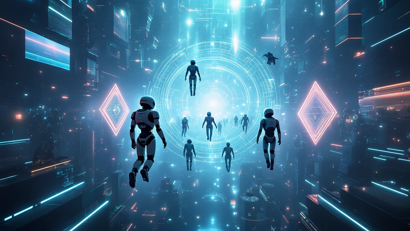 Mit jelent robotokkal álmodni? – Részletes álomfejtés és értelmezés Futurisztikus robotok lebegnek egy digitális térben, kék és rózsaszín fények között.