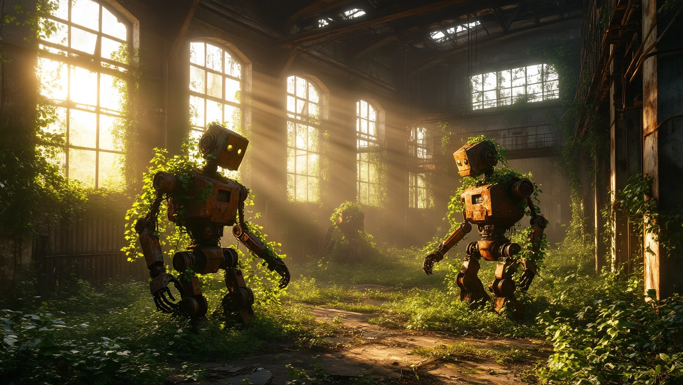 Mit jelent robotokkal álmodni? – Részletes álomfejtés és értelmezés Két robot áll egy elhagyatott gyárban, zöld növényekkel körülvéve.