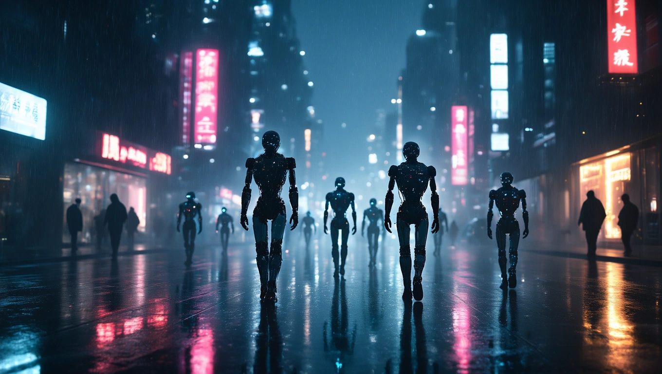 Mit jelent robotokkal álmodni? – Részletes álomfejtés és értelmezés Futurisztikus városi táj, ahol robotok sétálnak az esőben, neonfényekkel.