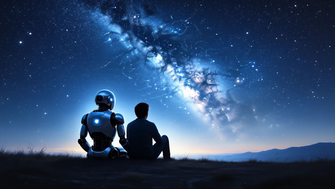 Mit jelent robotokkal álmodni? – Részletes álomfejtés és értelmezés Egy robot és egy fiú nézik a csillagos eget, a galaxis fényei ragyognak.