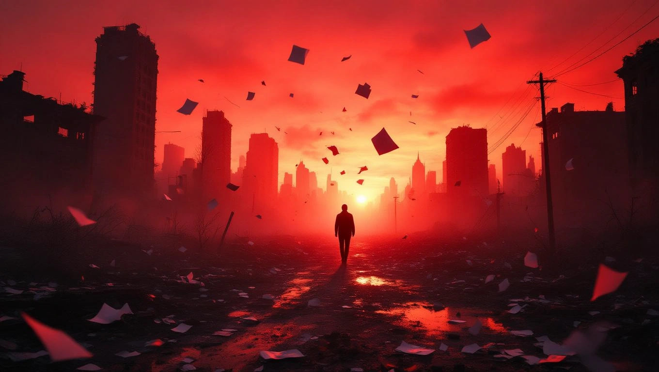 Mit jelent terroristával álmodni? – Részletes álomfejtés és értelmezés Egy magányos figura sétál egy romos városban, vörös égbolt alatt.