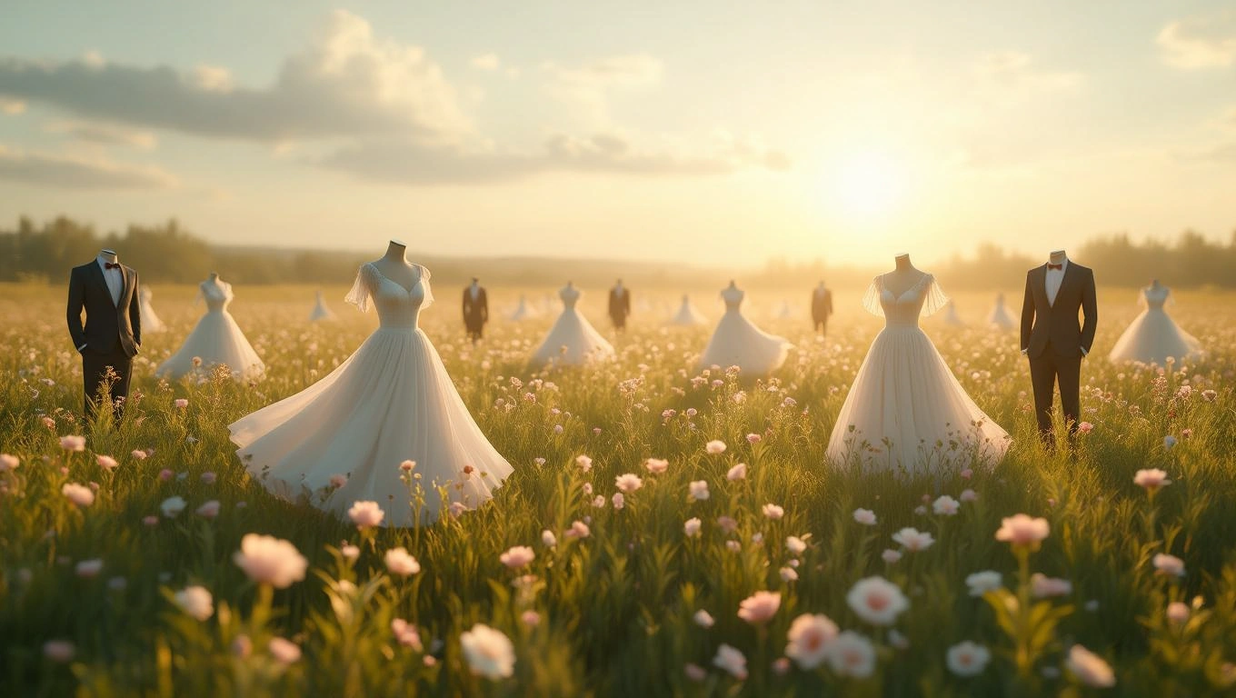 Mit jelent ruhákkal álmodni? – Részletes álomfejtés és értelmezés Egy virágos mezőn álló ruhák és öltönyök, naplementében.