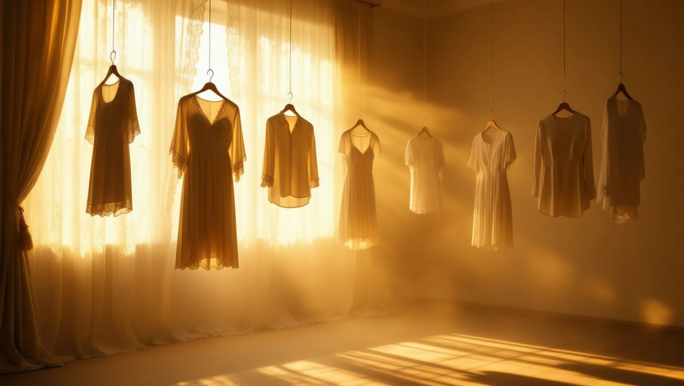 Mit jelent ruhákkal álmodni? – Részletes álomfejtés és értelmezés Fehér ruhák lógnak egy világos szobában, lágy fényben.