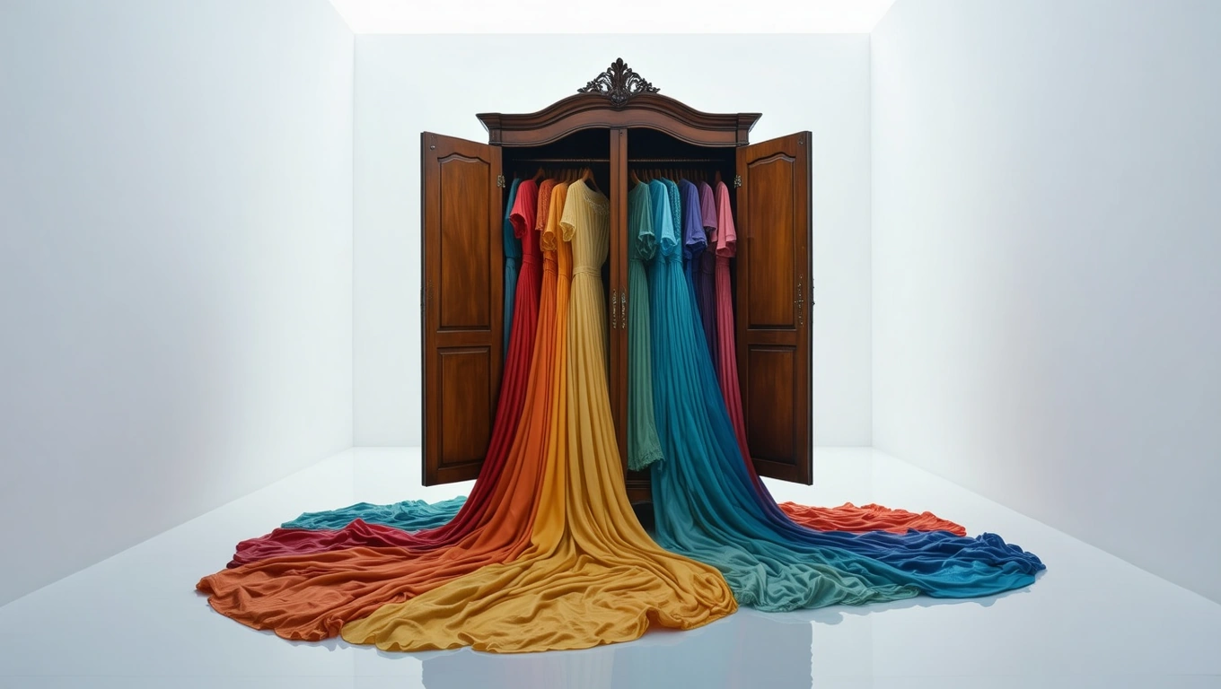 Mit jelent ruhákkal álmodni? – Részletes álomfejtés és értelmezés Színes ruhák lógnak egy nyitott szekrényből, a padlón terülve.