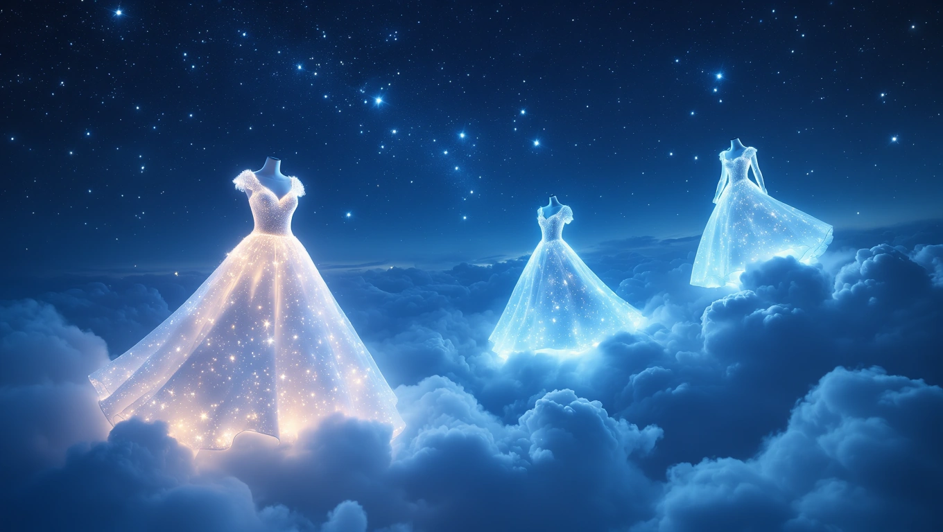 Mit jelent ruhákkal álmodni? – Részletes álomfejtés és értelmezés Három csillogó ruha lebeg a felhők felett, csillagokkal teli éjszakai háttérben.