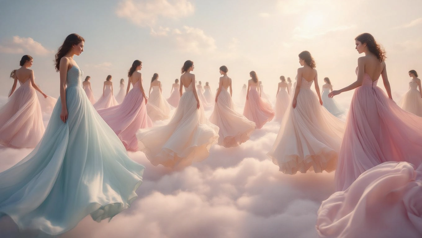 Mit jelent ruhákkal álmodni? – Részletes álomfejtés és értelmezés Színes, légies ruhákban lévő nők sétálnak a felhők között, álomszerű környezetben.
