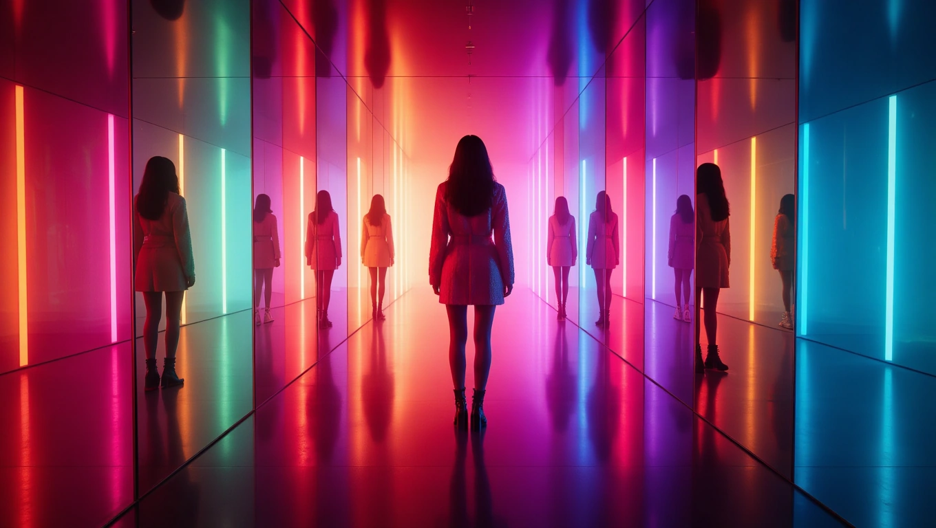 Mit jelent ruhákkal álmodni? – Részletes álomfejtés és értelmezés Színes fényekkel megvilágított folyosón álló női alakok sorozata.