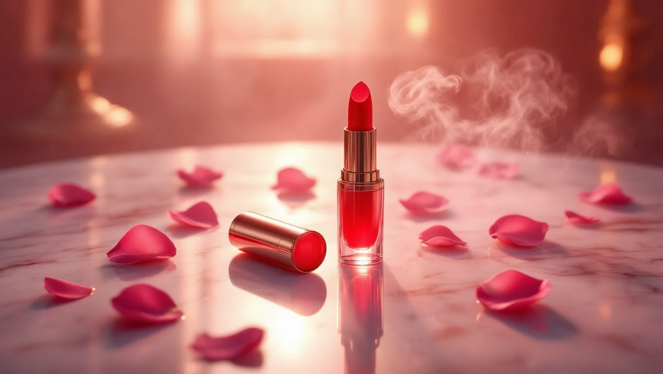 Mit jelent rúzzsal álmodni? – Részletes álomfejtés és értelmezés Egy piros rúzs áll egy márványasztalon, rózsaszirmokkal körülvéve.