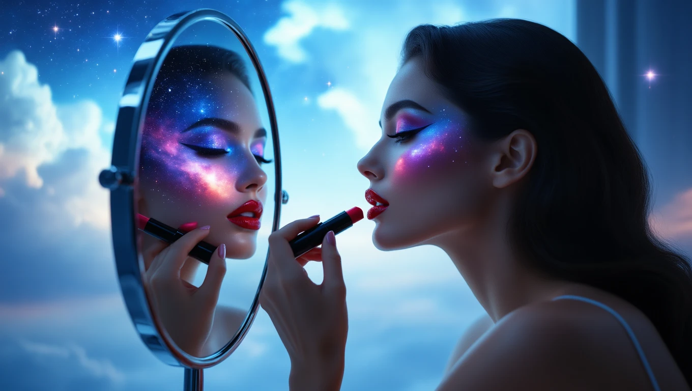 Mit jelent rúzzsal álmodni? – Részletes álomfejtés és értelmezés Egy nő rúzst használ, miközben a tükörben nézi magát, az arca csillagokkal díszített.