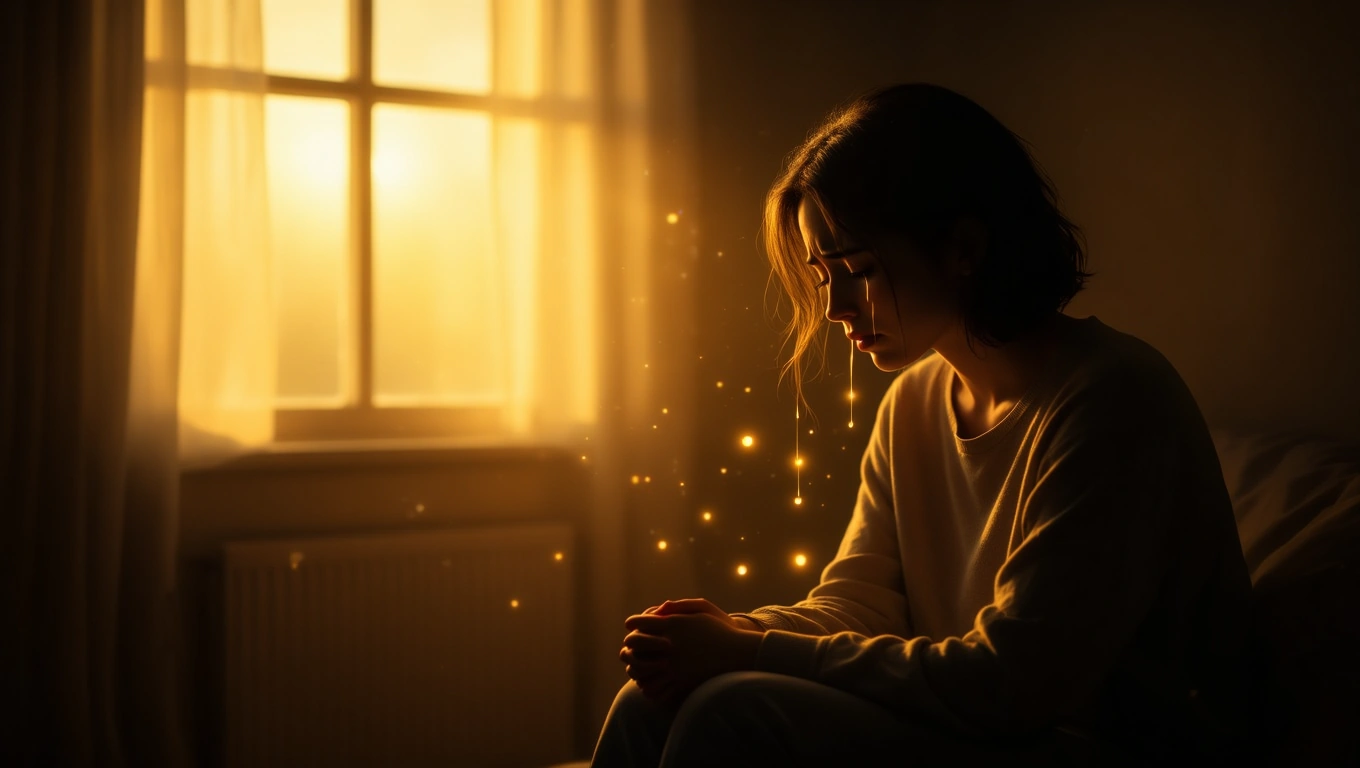 Mit jelent sírásról álmodni? – Részletes álomfejtés és értelmezés Egy nő ül a sötét szobában, kezét összekulcsolva, érzelmes pillanatban.