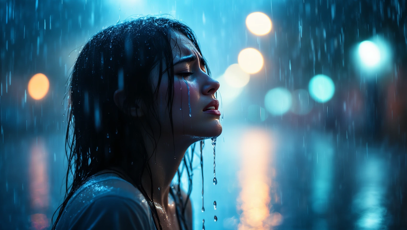 Mit jelent sírásról álmodni? – Részletes álomfejtés és értelmezés Egy fiatal nő sír az esőben, arca érzelmekkel teli, vízcseppek csorognak.