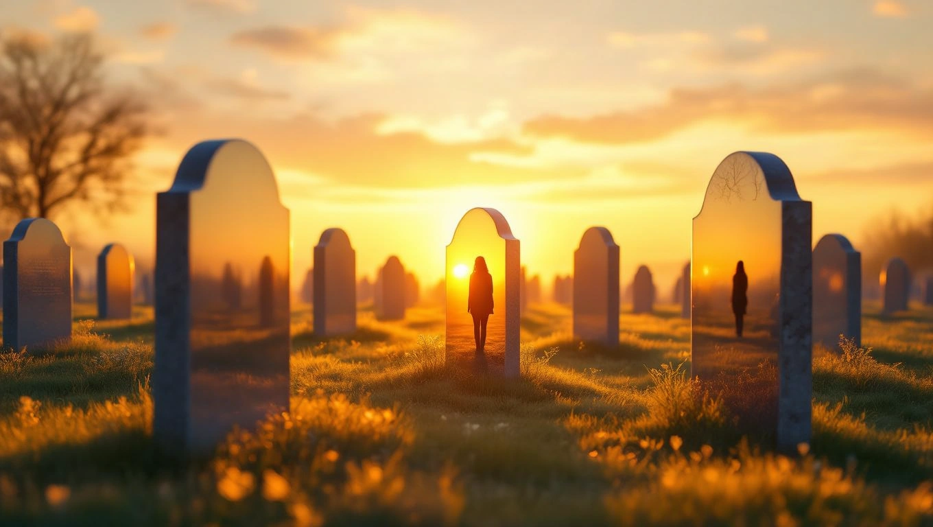 Mit jelent sírkerttel álmodni? – Részletes álomfejtés és értelmezés Egy sírkert naplementében, sírkövek között álló alak sziluettje látható.