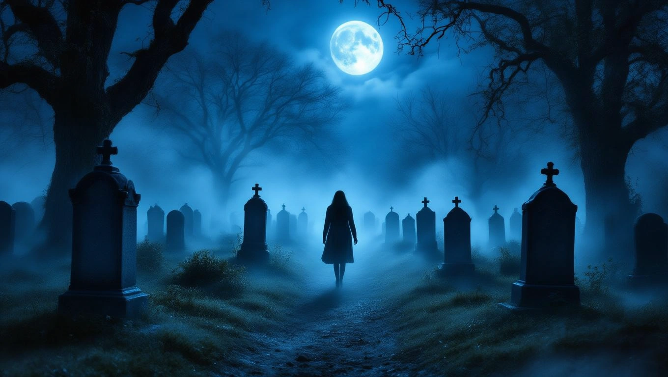 Mit jelent sírkerttel álmodni? – Részletes álomfejtés és értelmezés Egy nő sétál a ködös sírkertben, a hold fénye világítja meg a sírokat.