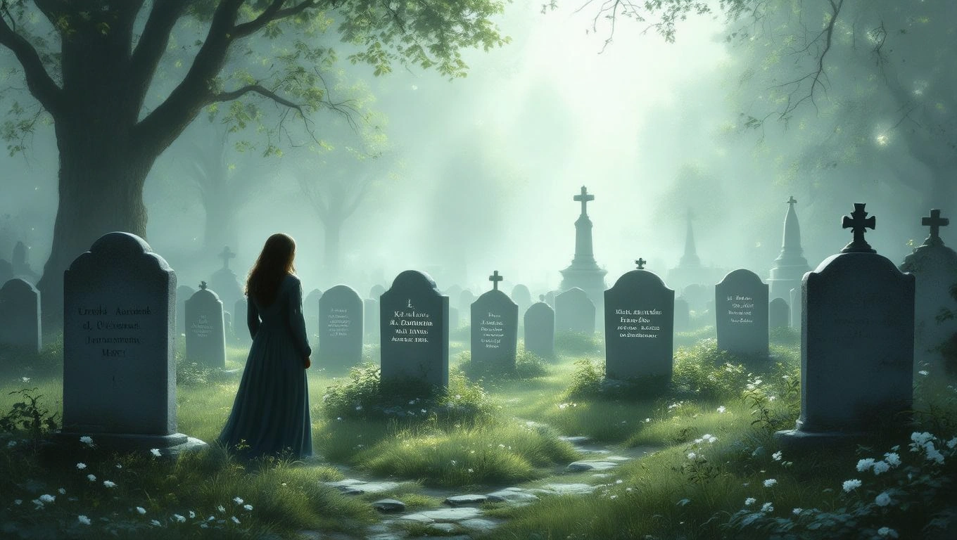 Mit jelent sírkerttel álmodni? – Részletes álomfejtés és értelmezés Egy nő áll egy ködös sírkertben, sírkövek között, mellette virágokkal.