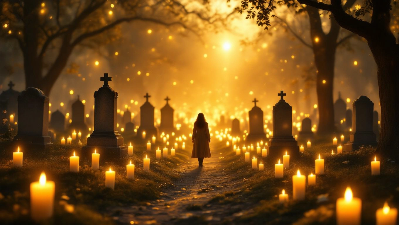 Mit jelent sírkerttel álmodni? – Részletes álomfejtés és értelmezés Egy nő sétál a sírkertben, gyertyák világítanak a sírok mellett.