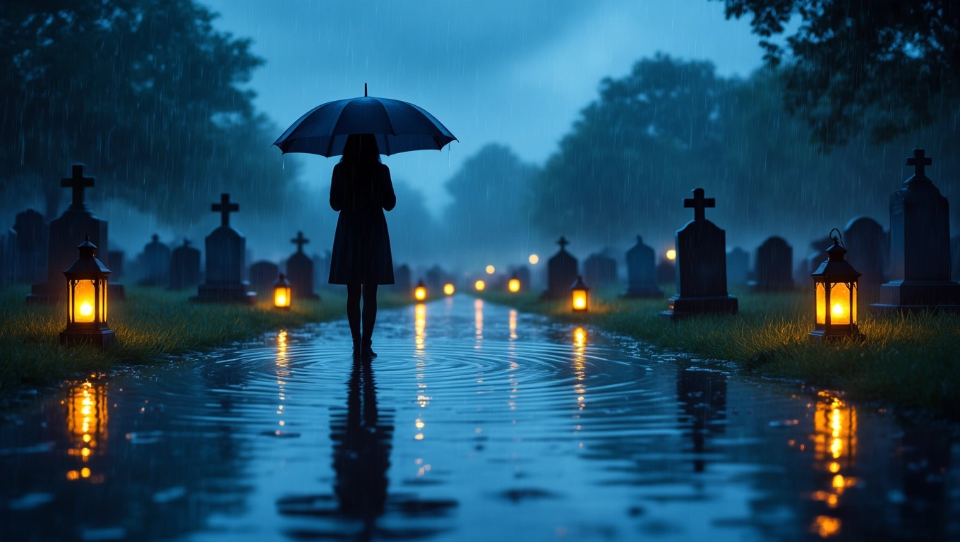 Mit jelent sírkerttel álmodni? – Részletes álomfejtés és értelmezés Egy nő áll egy sírkertben, esernyő alatt, esőben, gyertyák világítanak.
