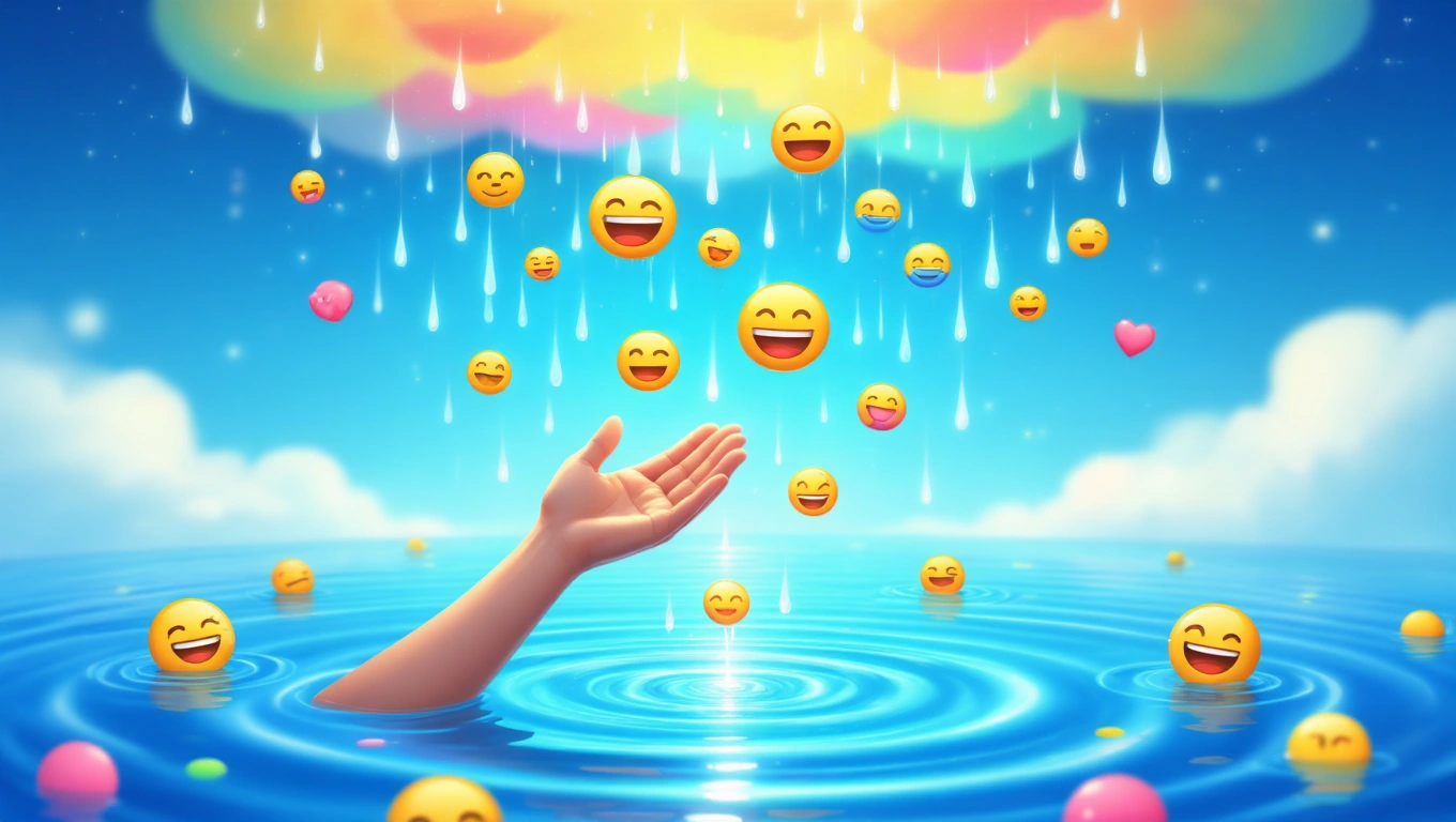 Mit jelent smileyról álmodni? – Részletes álomfejtés és értelmezés Egy kéz nyúlik ki a vízből, miközben smiley arcok és szívek hullanak az égből.